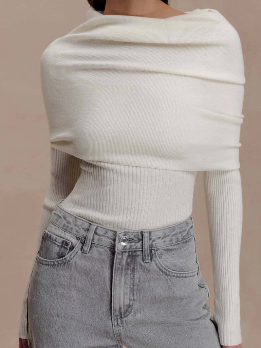 Meshki Asymetrical Cashmere Blend Long Sleeve Knit Top - Ivory